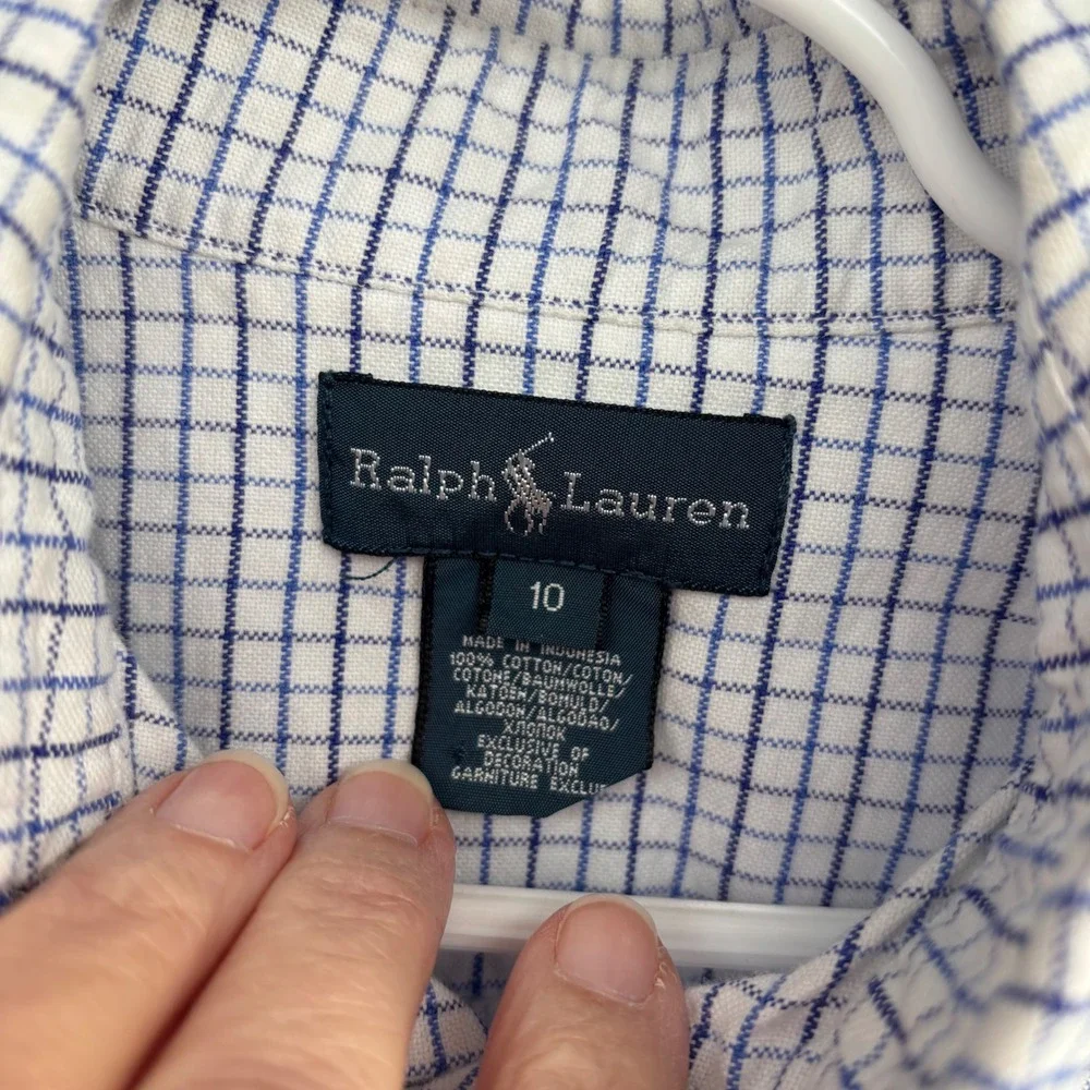 Ralph Lauren Button Down Kids Size 10 Blue White Tattersall Check‎ Shirt